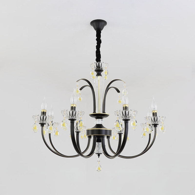 Retro Swooping Arm Candle Chandelier 6/8-Bulb Iron Hanging Light with Crystal Accent in Black and Gold Clearhalo 'Ceiling Lights' 'Chandeliers' 'Modern Chandeliers' 'Modern' Lighting' 852697