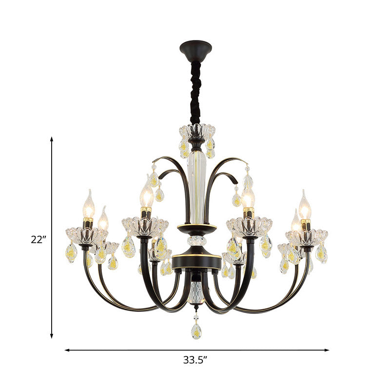 Retro Swooping Arm Candle Chandelier 6/8-Bulb Iron Hanging Light with Crystal Accent in Black and Gold Clearhalo 'Ceiling Lights' 'Chandeliers' 'Modern Chandeliers' 'Modern' Lighting' 852698