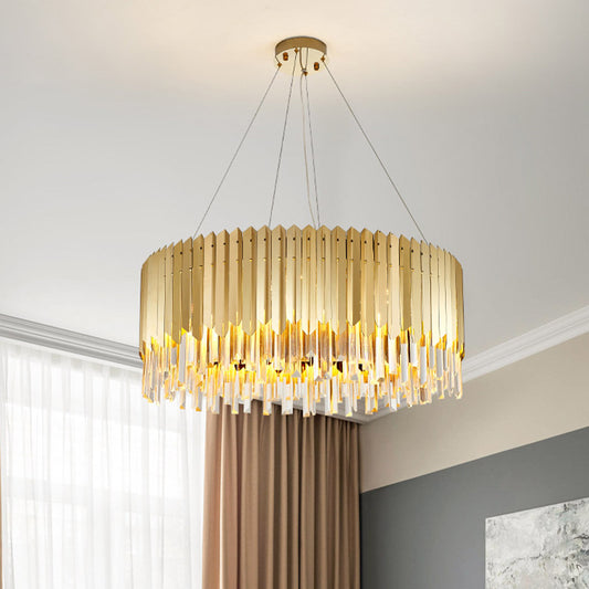 Gold Finish Drum Chandelier Light Postmodern Crystal Strip 6 Heads Dining Table Ceiling Pendant Gold Clearhalo 'Ceiling Lights' 'Chandeliers' 'Modern Chandeliers' 'Modern' Lighting' 852703