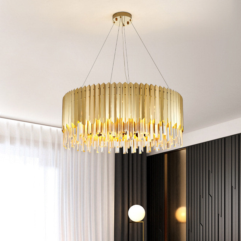 Gold Finish Drum Chandelier Light Postmodern Crystal Strip 6 Heads Dining Table Ceiling Pendant Clearhalo 'Ceiling Lights' 'Chandeliers' 'Modern Chandeliers' 'Modern' Lighting' 852704