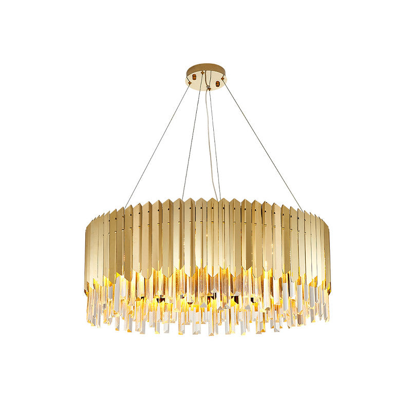 Gold Finish Drum Chandelier Light Postmodern Crystal Strip 6 Heads Dining Table Ceiling Pendant Clearhalo 'Ceiling Lights' 'Chandeliers' 'Modern Chandeliers' 'Modern' Lighting' 852705