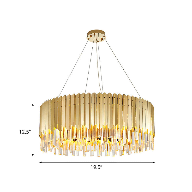 Gold Finish Drum Chandelier Light Postmodern Crystal Strip 6 Heads Dining Table Ceiling Pendant Clearhalo 'Ceiling Lights' 'Chandeliers' 'Modern Chandeliers' 'Modern' Lighting' 852706