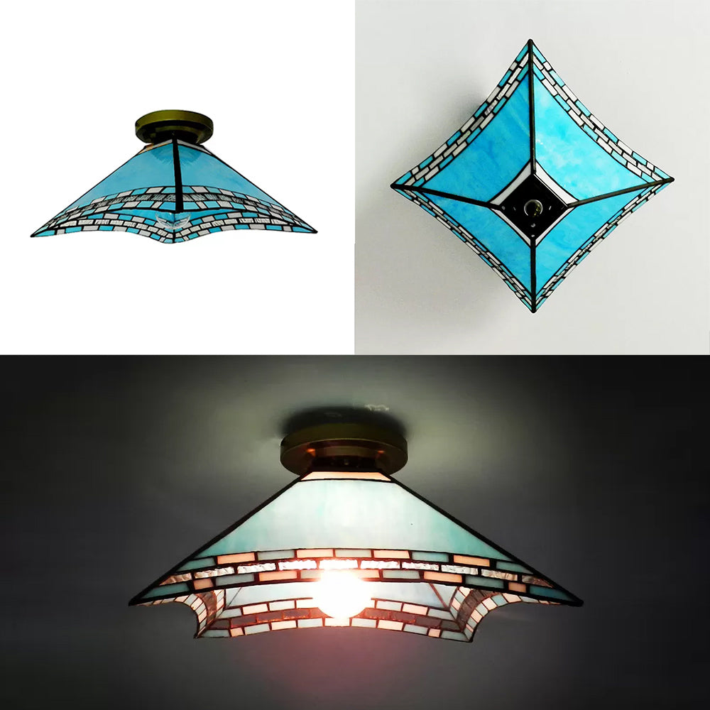 Stained Glass Ceiling Light Blue, Tiffany Flared Semi Flush Mount Lighting for Bedroom Clearhalo 'Ceiling Lights' 'Close To Ceiling Lights' 'Close to ceiling' 'Glass shade' 'Glass' 'Semi-flushmount' 'Tiffany close to ceiling' 'Tiffany' Lighting' 85271