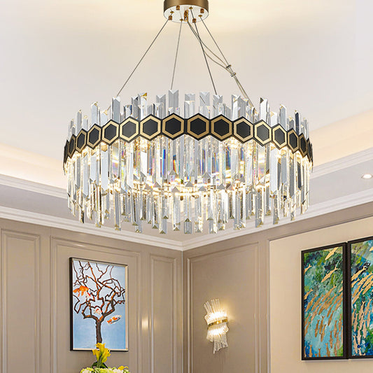 Mid Century Circle LED Chandelier Crystal Icicle Suspension Lighting with Honeycomb Belt Decor in Black-Gold Black-Gold Clearhalo 'Ceiling Lights' 'Chandeliers' 'Modern Chandeliers' 'Modern' Lighting' 852716
