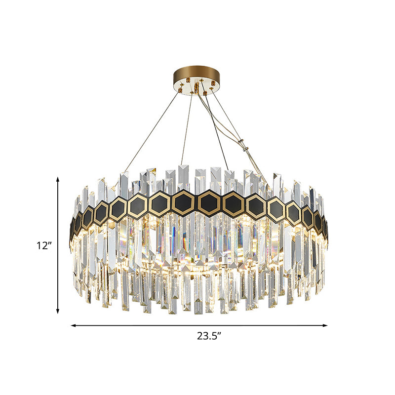 Mid Century Circle LED Chandelier Crystal Icicle Suspension Lighting with Honeycomb Belt Decor in Black-Gold Clearhalo 'Ceiling Lights' 'Chandeliers' 'Modern Chandeliers' 'Modern' Lighting' 852719