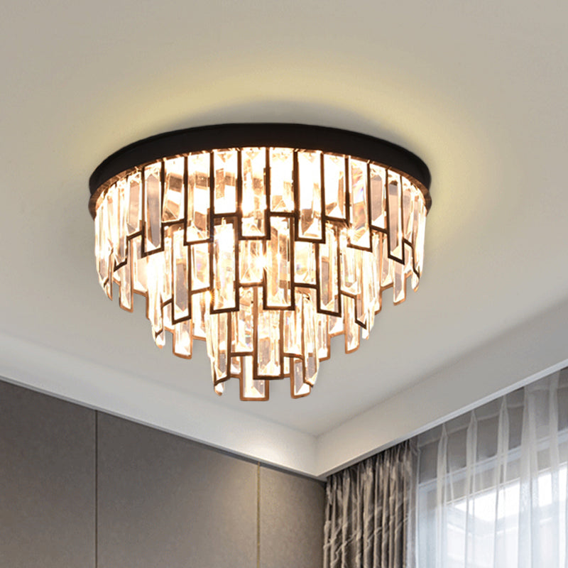 4/6-Bulb Tiered Tapered Flush Chandelier Vintage Black K9 Strip Crystal Flush Mounted Ceiling Light Fixture 4 Black Clearhalo 'Ceiling Lights' 'Close To Ceiling Lights' 'Close to ceiling' 'Flush mount' Lighting' 852745