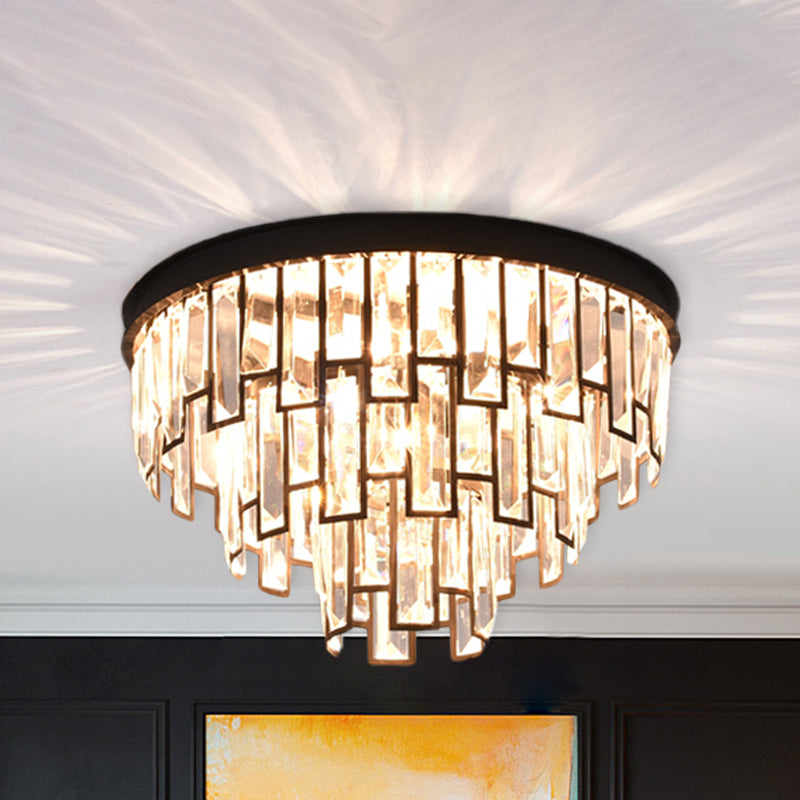 4/6-Bulb Tiered Tapered Flush Chandelier Vintage Black K9 Strip Crystal Flush Mounted Ceiling Light Fixture Clearhalo 'Ceiling Lights' 'Close To Ceiling Lights' 'Close to ceiling' 'Flush mount' Lighting' 852747