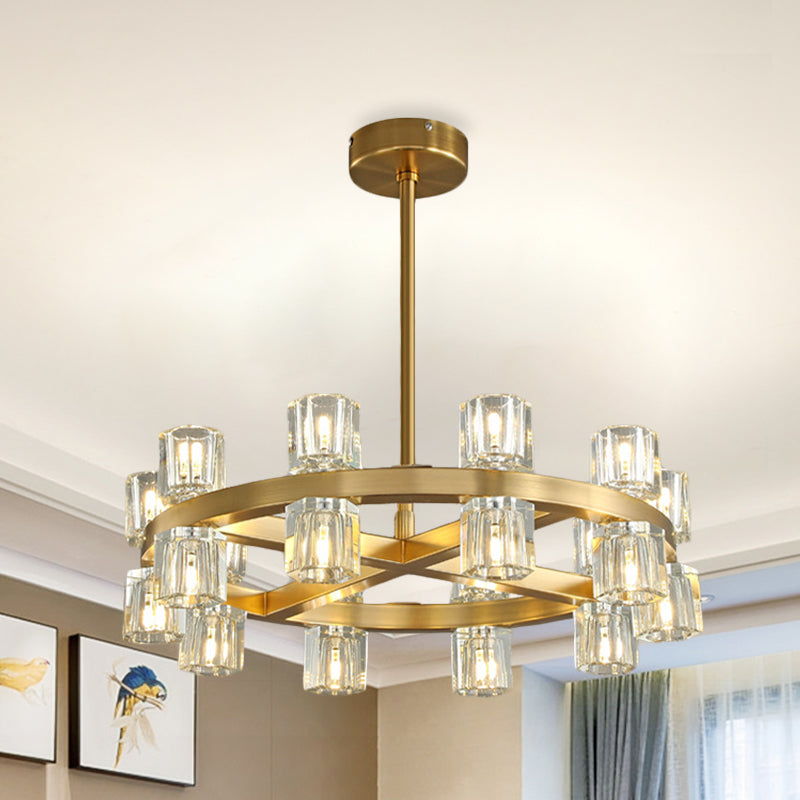 Brass Crossed Circle Chandelier Postmodern Crystal Prism 20-Light Bedroom Suspension Light Brass Clearhalo 'Ceiling Lights' 'Chandeliers' 'Modern Chandeliers' 'Modern' Lighting' 852750