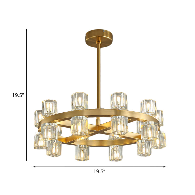 Brass Crossed Circle Chandelier Postmodern Crystal Prism 20-Light Bedroom Suspension Light Clearhalo 'Ceiling Lights' 'Chandeliers' 'Modern Chandeliers' 'Modern' Lighting' 852753