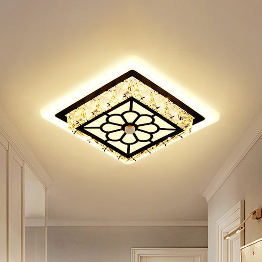 Beveled Crystal LED Ceiling Light Modern Black Floral Pattern Round/Square Corridor Flushmount Lamp Black Square Plate Clearhalo 'Ceiling Lights' 'Close To Ceiling Lights' 'Close to ceiling' 'Flush mount' Lighting' 852754