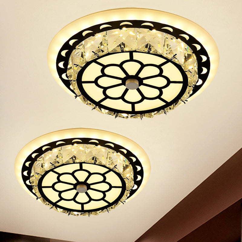 Beveled Crystal LED Ceiling Light Modern Black Floral Pattern Round/Square Corridor Flushmount Lamp Black Round Clearhalo 'Ceiling Lights' 'Close To Ceiling Lights' 'Close to ceiling' 'Flush mount' Lighting' 852758