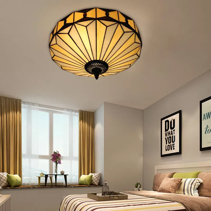 Stained Glass Ceiling Light for Bedroom, 2-Lights Flush Mount Light with Geometric Shade Mission Style, H8.5" x D16" Yellow Clearhalo 'Ceiling Lights' 'Close To Ceiling Lights' 'Close to ceiling' 'Flush mount' Lighting' 85308