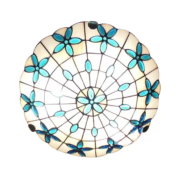 Stained Glass Ceiling Light Blue, 3-Lights Tiffany Flushmount Lighting with Bowl Shade and Jewel, 5" High x 16" in Diameter Blue Clearhalo 'Ceiling Lights' 'Close To Ceiling Lights' 'Close to ceiling' 'Flush mount' Lighting' 85329