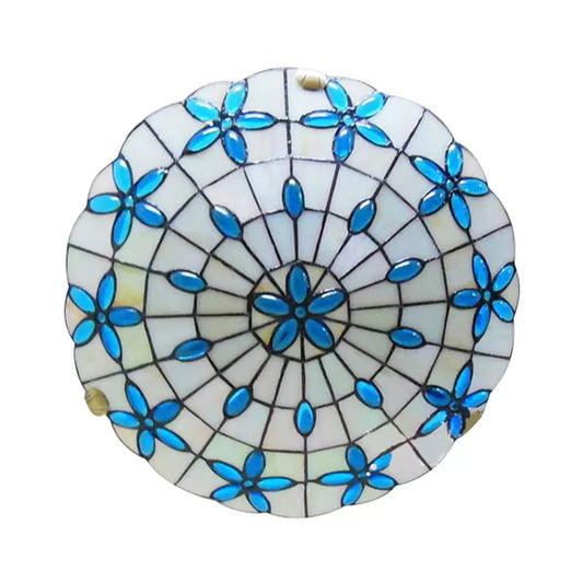 Stained Glass Ceiling Light Blue, 3-Lights Tiffany Flushmount Lighting with Bowl Shade and Jewel, 5" High x 16" in Diameter Clearhalo 'Ceiling Lights' 'Close To Ceiling Lights' 'Close to ceiling' 'Flush mount' Lighting' 85330