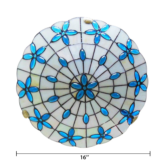 Stained Glass Ceiling Light Blue, 3-Lights Tiffany Flushmount Lighting with Bowl Shade and Jewel, 5" High x 16" in Diameter Clearhalo 'Ceiling Lights' 'Close To Ceiling Lights' 'Close to ceiling' 'Flush mount' Lighting' 85331