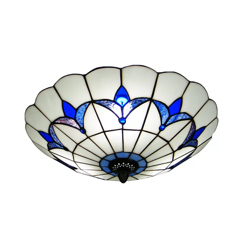 Stained Glass Ceiling Light Blue, 3-Lights Flush Mount Light with Floral Shade for Bedroom Tiffany Style Clearhalo 'Ceiling Lights' 'Close To Ceiling Lights' 'Close to ceiling' 'Flush mount' Lighting' 85333