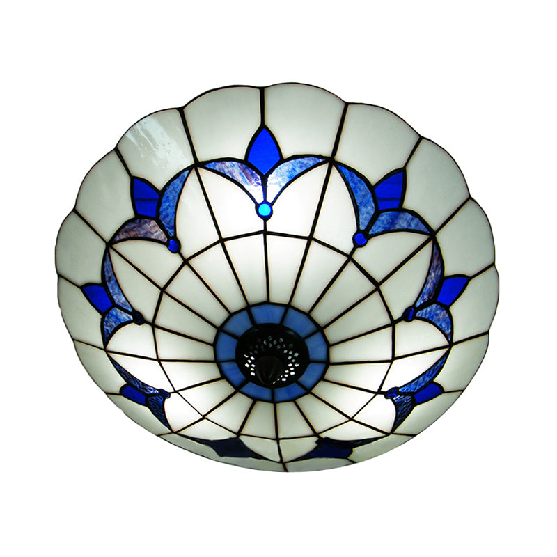 Stained Glass Ceiling Light Blue, 3-Lights Flush Mount Light with Floral Shade for Bedroom Tiffany Style Clearhalo 'Ceiling Lights' 'Close To Ceiling Lights' 'Close to ceiling' 'Flush mount' Lighting' 85334