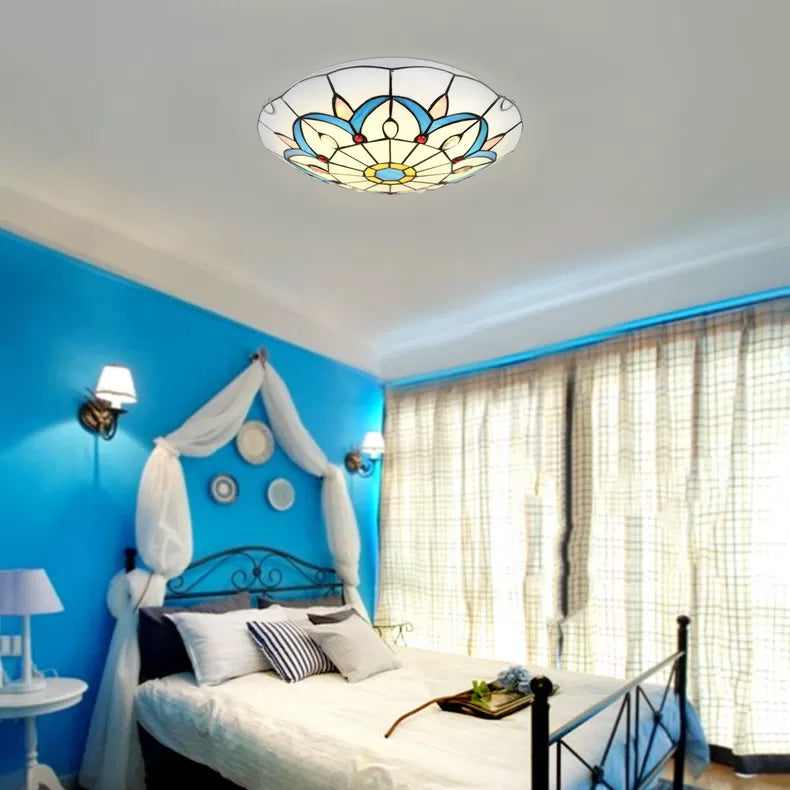 White Tiffany Ceiling Lights, 2-Lights Flush Mount Light with Art Glass Floral Shade and Jewel for Bedroom White Clearhalo 'Ceiling Lights' 'Close To Ceiling Lights' 'Close to ceiling' 'Flush mount' Lighting' 85340