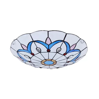 White Tiffany Ceiling Lights, 2-Lights Flush Mount Light with Art Glass Floral Shade and Jewel for Bedroom Clearhalo 'Ceiling Lights' 'Close To Ceiling Lights' 'Close to ceiling' 'Flush mount' Lighting' 85342