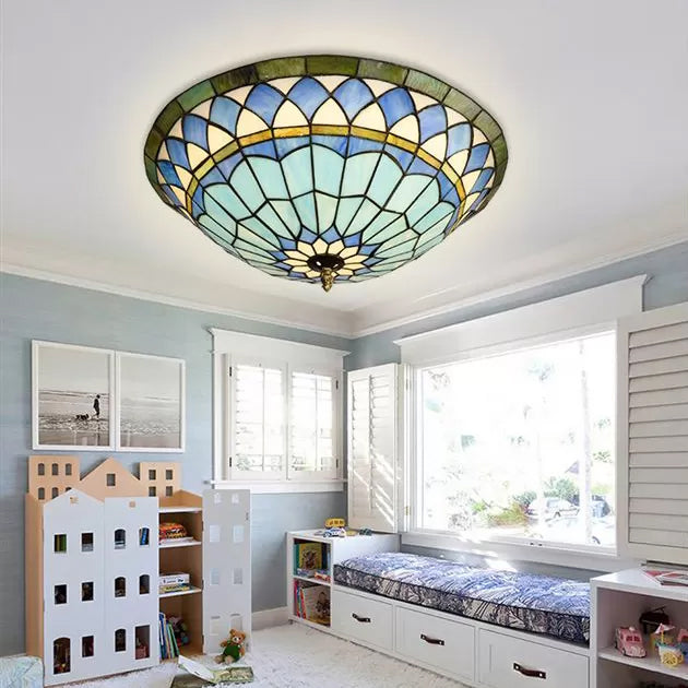 Stained Glass Ceiling Light Blue, Tiffany Style Semi Flush Light with Bowl Shade for Living Room, 5" High x 16" in Diameter Blue Clearhalo 'Ceiling Lights' 'Close To Ceiling Lights' 'Close to ceiling' 'Flush mount' Lighting' 85344