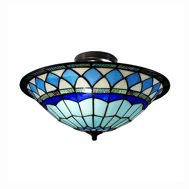 Stained Glass Ceiling Light Blue, Tiffany Style Semi Flush Light with Bowl Shade for Living Room, 5" High x 16" in Diameter Clearhalo 'Ceiling Lights' 'Close To Ceiling Lights' 'Close to ceiling' 'Flush mount' Lighting' 85345