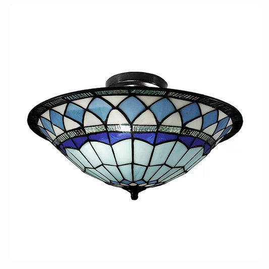 Stained Glass Ceiling Light Blue, Tiffany Style Semi Flush Light with Bowl Shade for Living Room, 5" High x 16" in Diameter Clearhalo 'Ceiling Lights' 'Close To Ceiling Lights' 'Close to ceiling' 'Flush mount' Lighting' 85346