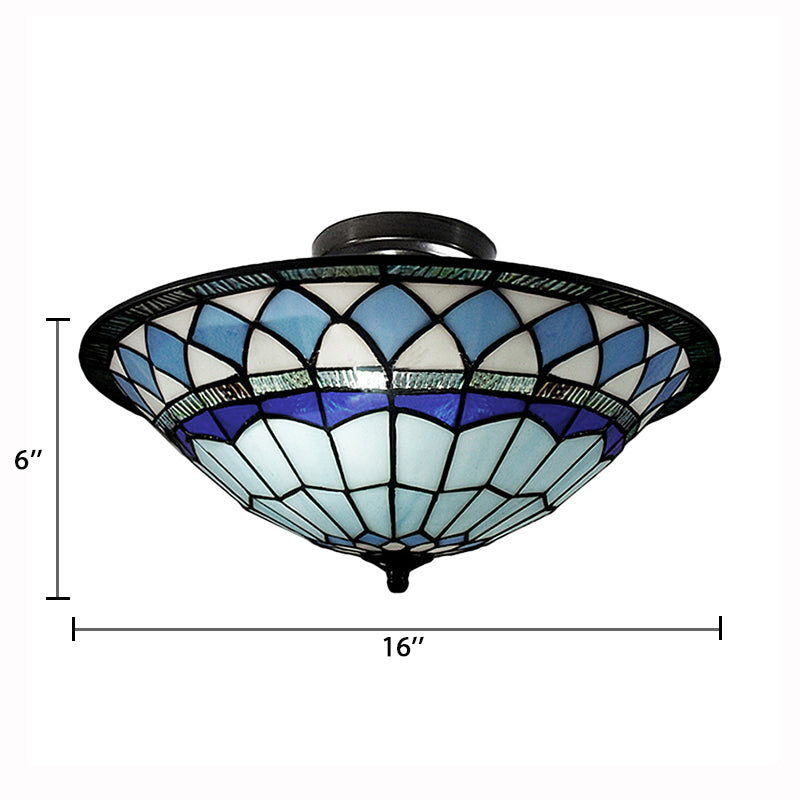 Stained Glass Ceiling Light Blue, Tiffany Style Semi Flush Light with Bowl Shade for Living Room, 5" High x 16" in Diameter Clearhalo 'Ceiling Lights' 'Close To Ceiling Lights' 'Close to ceiling' 'Flush mount' Lighting' 85347