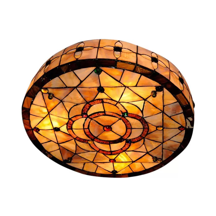 Stained Glass Ceiling Light Fixture, 3-Lights Drum Shade Flush Mount Lighting with Jewel for Bedroom Tiffany Style, 3" High x 18" in Diameter Clearhalo 'Ceiling Lights' 'Close To Ceiling Lights' 'Close to ceiling' 'Flush mount' Lighting' 85392