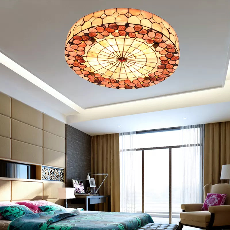 Bedroom Ceiling Lights Tiffany, 4 Lights Flush Mount Light Fixture with Drum Stained Glass Shade and Flower Pattern, H3" x D19.5" Clearhalo 'Ceiling Lights' 'Close To Ceiling Lights' 'Close to ceiling' 'Flush mount' Lighting' 85394