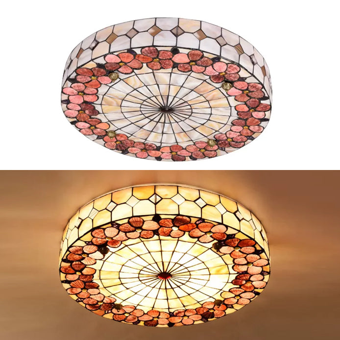 Bedroom Ceiling Lights Tiffany, 4 Lights Flush Mount Light Fixture with Drum Stained Glass Shade and Flower Pattern, H3" x D19.5" Clearhalo 'Ceiling Lights' 'Close To Ceiling Lights' 'Close to ceiling' 'Flush mount' Lighting' 85395