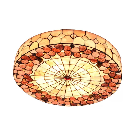 Bedroom Ceiling Lights Tiffany, 4 Lights Flush Mount Light Fixture with Drum Stained Glass Shade and Flower Pattern, H3" x D19.5" Beige Clearhalo 'Ceiling Lights' 'Close To Ceiling Lights' 'Close to ceiling' 'Flush mount' Lighting' 85396