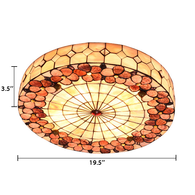 Bedroom Ceiling Lights Tiffany, 4 Lights Flush Mount Light Fixture with Drum Stained Glass Shade and Flower Pattern, H3" x D19.5" Clearhalo 'Ceiling Lights' 'Close To Ceiling Lights' 'Close to ceiling' 'Flush mount' Lighting' 85397