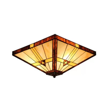 Stained Glass Ceiling Light Fixture, 2-Lights Small Mission Flush Mount Lighting with Pyramid Shade for Bedroom, H8" x D12" Clearhalo 'Ceiling Lights' 'Close To Ceiling Lights' 'Close to ceiling' 'Flush mount' Lighting' 85428