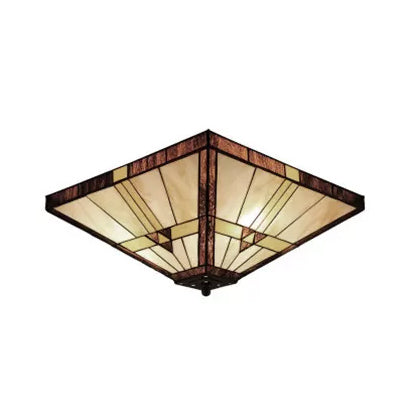 Stained Glass Ceiling Light Fixture, 2-Lights Small Mission Flush Mount Lighting with Pyramid Shade for Bedroom, H8" x D12" Clearhalo 'Ceiling Lights' 'Close To Ceiling Lights' 'Close to ceiling' 'Flush mount' Lighting' 85429