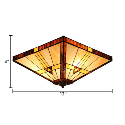 Stained Glass Ceiling Light Fixture, 2-Lights Small Mission Flush Mount Lighting with Pyramid Shade for Bedroom, H8" x D12" Clearhalo 'Ceiling Lights' 'Close To Ceiling Lights' 'Close to ceiling' 'Flush mount' Lighting' 85430