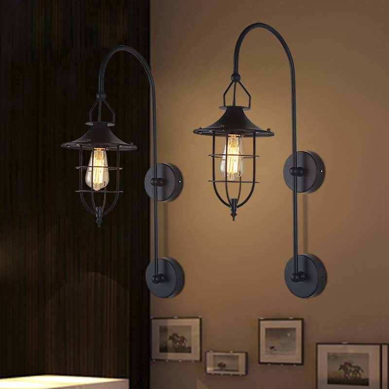 Metal Caged Wall Sconce Traditional 1 Light Living Room Lighting Fixture in Black Black Clearhalo 'Art deco wall lights' 'Cast Iron' 'Glass' 'Industrial wall lights' 'Industrial' 'Middle century wall lights' 'Modern' 'Rustic wall lights' 'Tiffany' 'Traditional wall lights' 'Wall Lamps & Sconces' 'Wall Lights' Lighting' 85444