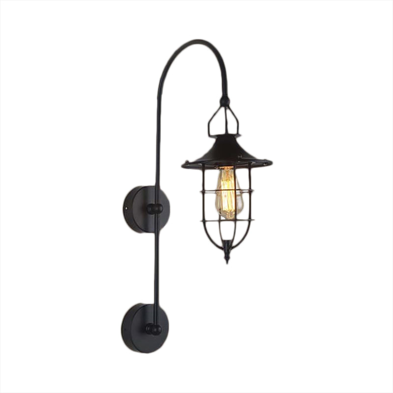 Metal Caged Wall Sconce Traditional 1 Light Living Room Lighting Fixture in Black Clearhalo 'Art deco wall lights' 'Cast Iron' 'Glass' 'Industrial wall lights' 'Industrial' 'Middle century wall lights' 'Modern' 'Rustic wall lights' 'Tiffany' 'Traditional wall lights' 'Wall Lamps & Sconces' 'Wall Lights' Lighting' 85446
