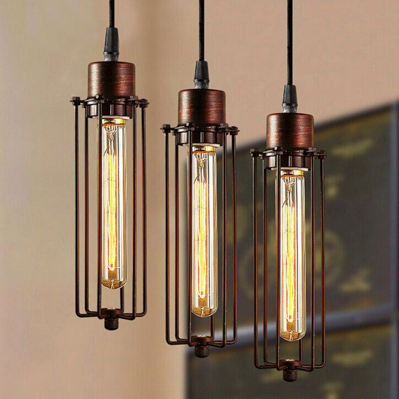 Dark Rust Tube Pendant Lighting Vintage Style Metallic 1 Bulb Kitchen Hanging Lamp with Wire Guard Rust Clearhalo 'Art Deco Pendants' 'Cast Iron' 'Ceiling Lights' 'Ceramic' 'Crystal' 'Industrial Pendants' 'Industrial' 'Metal' 'Middle Century Pendants' 'Pendant Lights' 'Pendants' 'Tiffany' Lighting' 85764