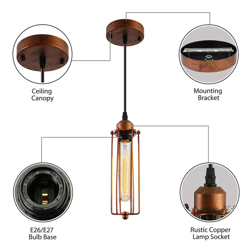 Dark Rust Tube Pendant Lighting Vintage Style Metallic 1 Bulb Kitchen Hanging Lamp with Wire Guard Clearhalo 'Art Deco Pendants' 'Cast Iron' 'Ceiling Lights' 'Ceramic' 'Crystal' 'Industrial Pendants' 'Industrial' 'Metal' 'Middle Century Pendants' 'Pendant Lights' 'Pendants' 'Tiffany' Lighting' 85768