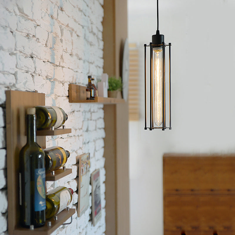 Cylinder Indoor Hanging Ceiling Light Vintage Style Metal 1 Head Black Finish Hanging Light with Cage Shade Black Clearhalo 'Ceiling Lights' 'Modern Pendants' 'Modern' 'Pendant Lights' 'Pendants' Lighting' 85773