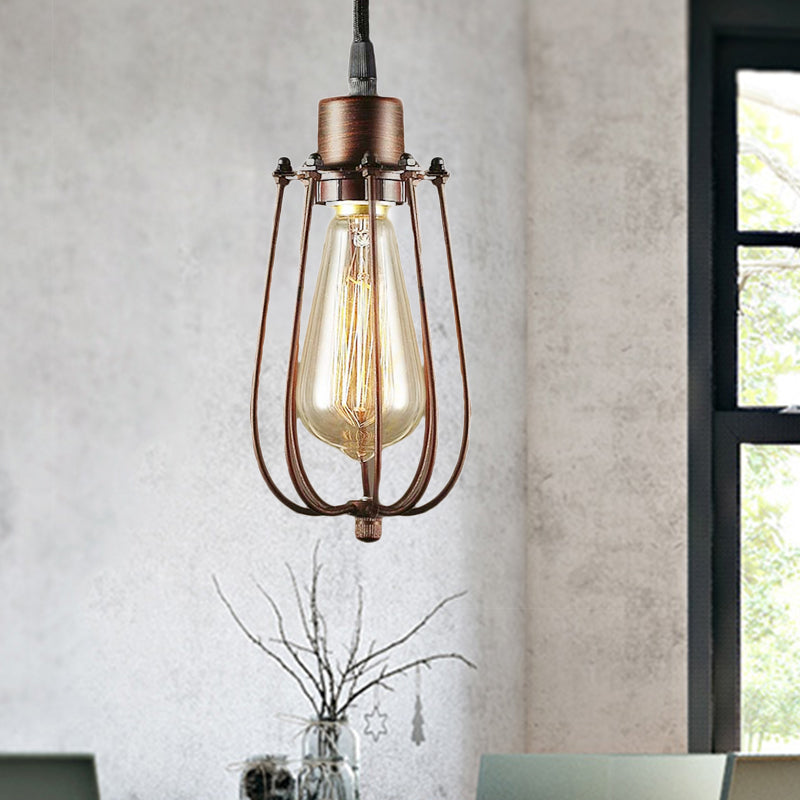 Farmhouse Bulb Shaped Ceiling Fixture 1 Head Iron Pendant Ceiling Light with Wire Frame in Copper Finish Copper Clearhalo 'Ceiling Lights' 'Modern Pendants' 'Modern' 'Pendant Lights' 'Pendants' Lighting' 85800