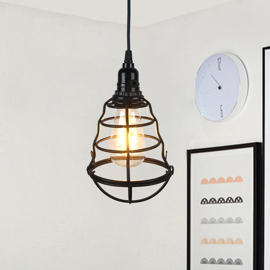 Iron Wire Guard Hanging Lamp Retro Industrial 1 Head Dining Table Mini Ceiling Light Fixture in Black Black Clearhalo 'Ceiling Lights' 'Modern Pendants' 'Modern' 'Pendant Lights' 'Pendants' Lighting' 85805