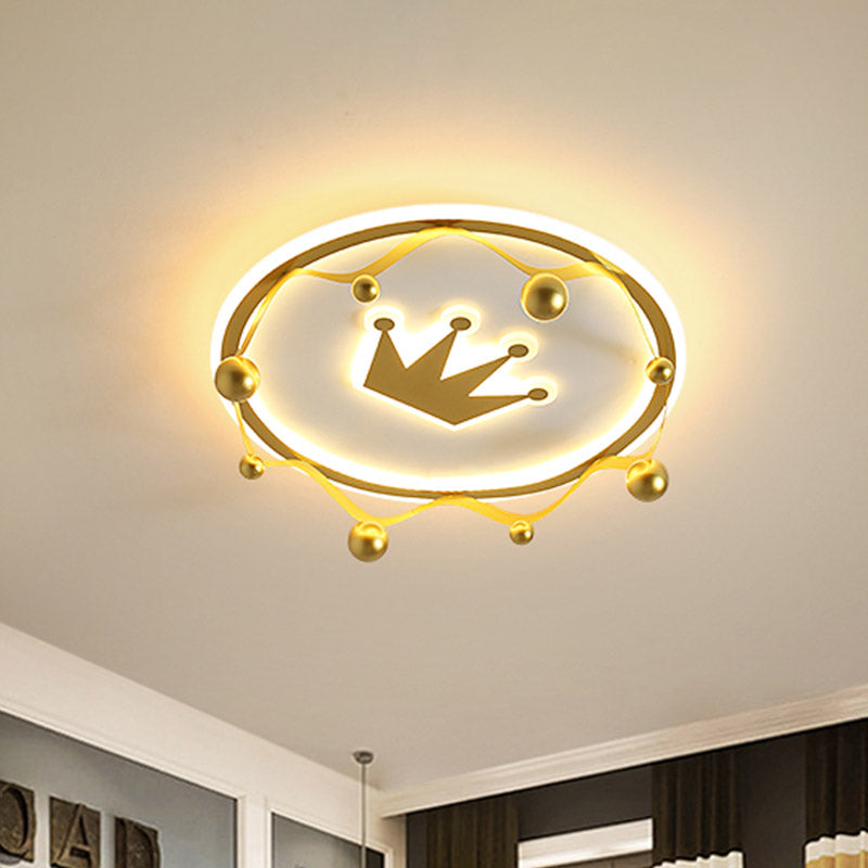 Gold Crown Flush-Mount Light Fixture Cartoon Acrylic LED Ceiling Lighting with Ball Finial, Warm/White Light Gold Clearhalo 'Ceiling Lights' 'Close To Ceiling Lights' 'Close to ceiling' 'Flush mount' Lighting' 858928