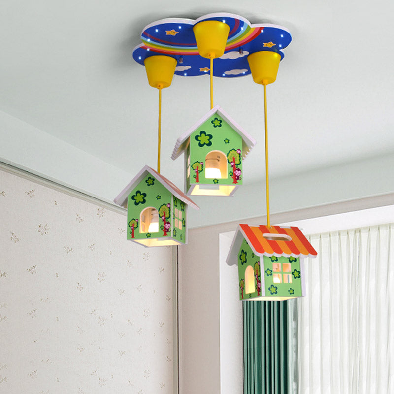 Kids Style 3/6-Light Flush Light Fixture White Rabbit/Blue Plane/Green House Ceiling Lighting with Plastic Shade Green Clearhalo 'Ceiling Lights' 'Close To Ceiling Lights' 'Close to ceiling' 'Flush mount' Lighting' 858960