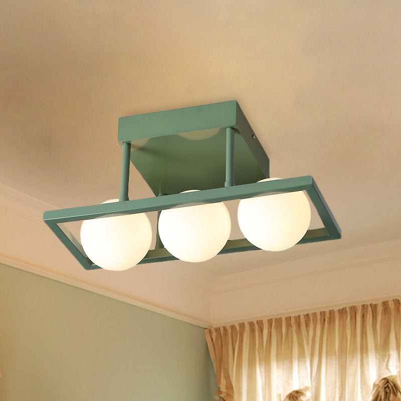 Rectangular Iron Semi Flush Light Macaron 3/4/6-Head Green Ceiling Mount Lamp with Globe White Glass Shade 3 Green Clearhalo 'Ceiling Lights' 'Close To Ceiling Lights' 'Close to ceiling' 'Semi-flushmount' Lighting' 858974