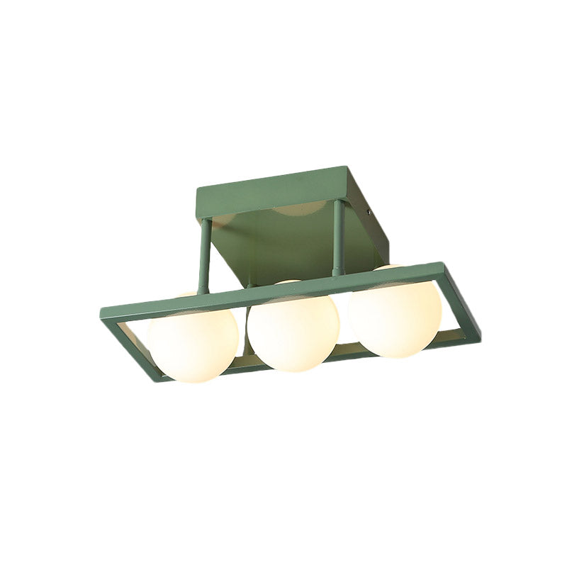 Rectangular Iron Semi Flush Light Macaron 3/4/6-Head Green Ceiling Mount Lamp with Globe White Glass Shade Clearhalo 'Ceiling Lights' 'Close To Ceiling Lights' 'Close to ceiling' 'Semi-flushmount' Lighting' 858975