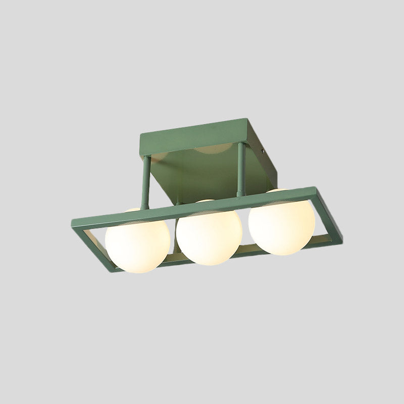 Rectangular Iron Semi Flush Light Macaron 3/4/6-Head Green Ceiling Mount Lamp with Globe White Glass Shade Clearhalo 'Ceiling Lights' 'Close To Ceiling Lights' 'Close to ceiling' 'Semi-flushmount' Lighting' 858976