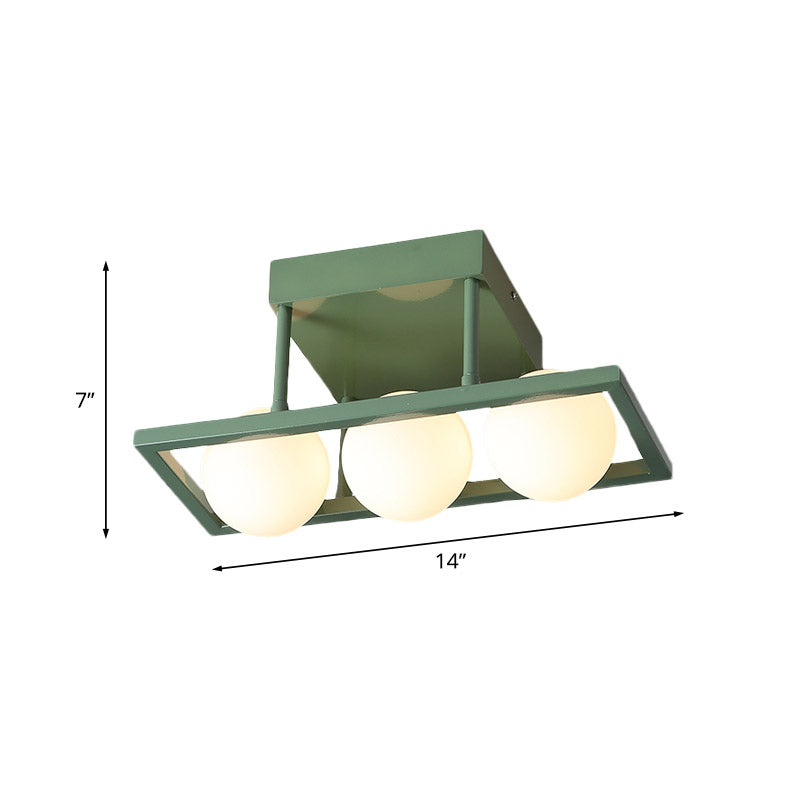 Rectangular Iron Semi Flush Light Macaron 3/4/6-Head Green Ceiling Mount Lamp with Globe White Glass Shade Clearhalo 'Ceiling Lights' 'Close To Ceiling Lights' 'Close to ceiling' 'Semi-flushmount' Lighting' 858977