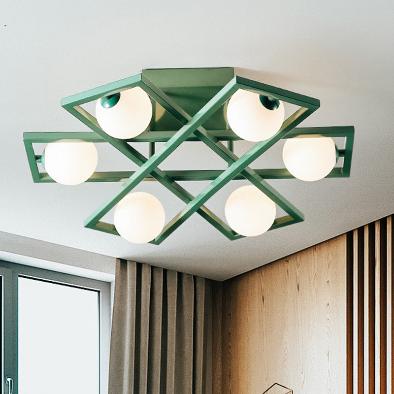 Rectangular Iron Semi Flush Light Macaron 3/4/6-Head Green Ceiling Mount Lamp with Globe White Glass Shade 6 Green Clearhalo 'Ceiling Lights' 'Close To Ceiling Lights' 'Close to ceiling' 'Semi-flushmount' Lighting' 858978