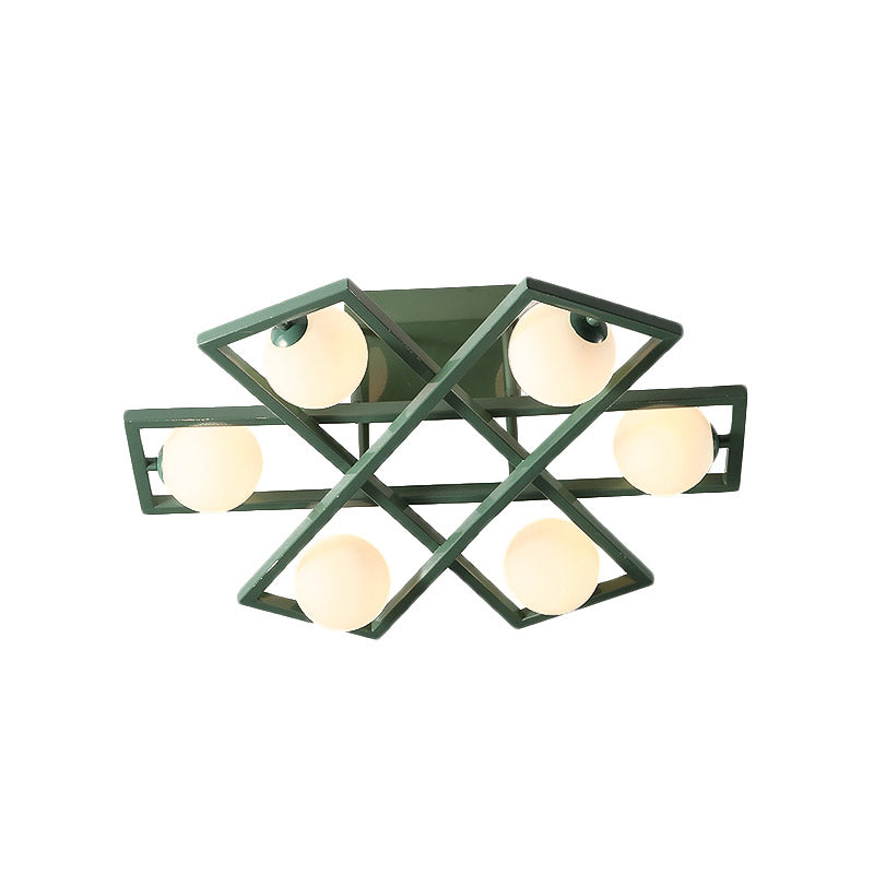 Rectangular Iron Semi Flush Light Macaron 3/4/6-Head Green Ceiling Mount Lamp with Globe White Glass Shade Clearhalo 'Ceiling Lights' 'Close To Ceiling Lights' 'Close to ceiling' 'Semi-flushmount' Lighting' 858980